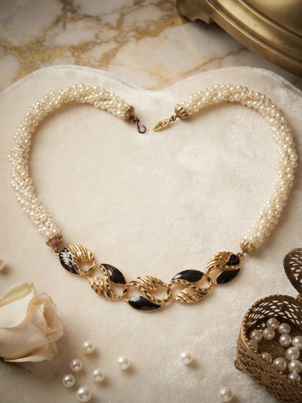Vintage Torsade Faux Pearl Necklace Gold Tone Black Enamel